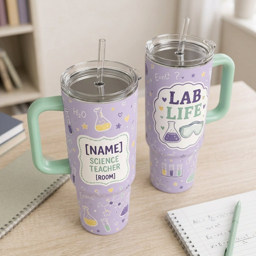 Personalized Lab Life Science Teacher 40oz Tumbler with Handle, Custom Name and Room STEM Gift