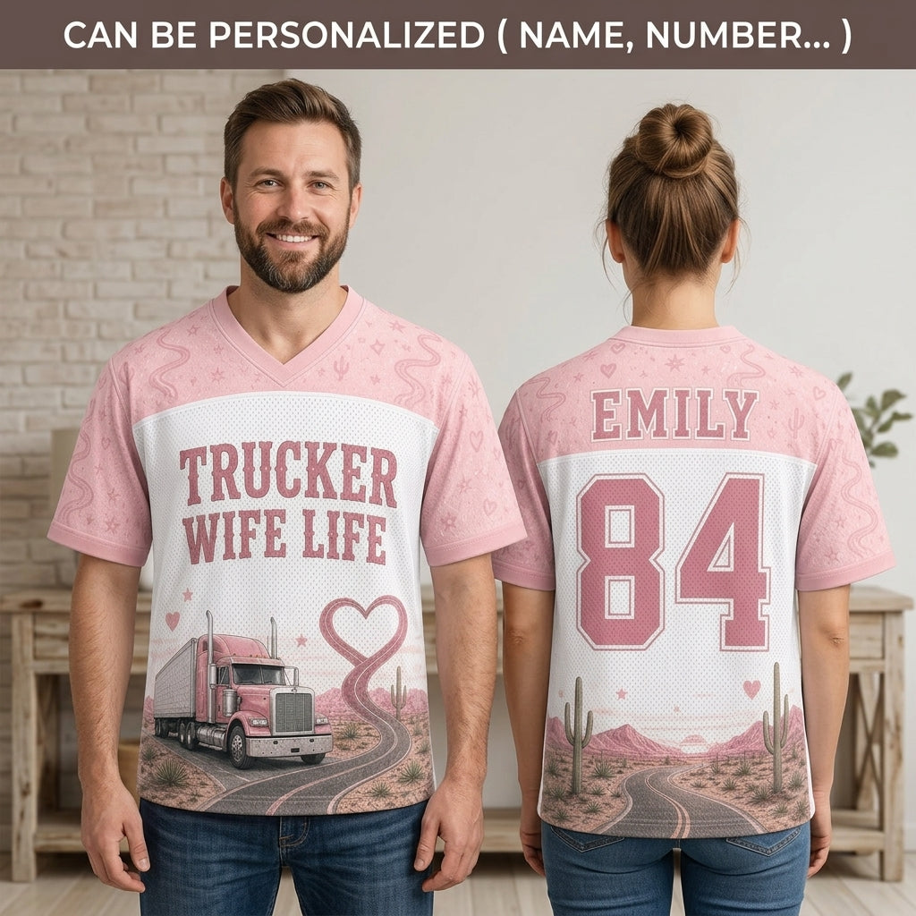 Personalized Trucker Wife Life Football Jersey - Custom Name & Number Pink Mesh Desert Western Jersey