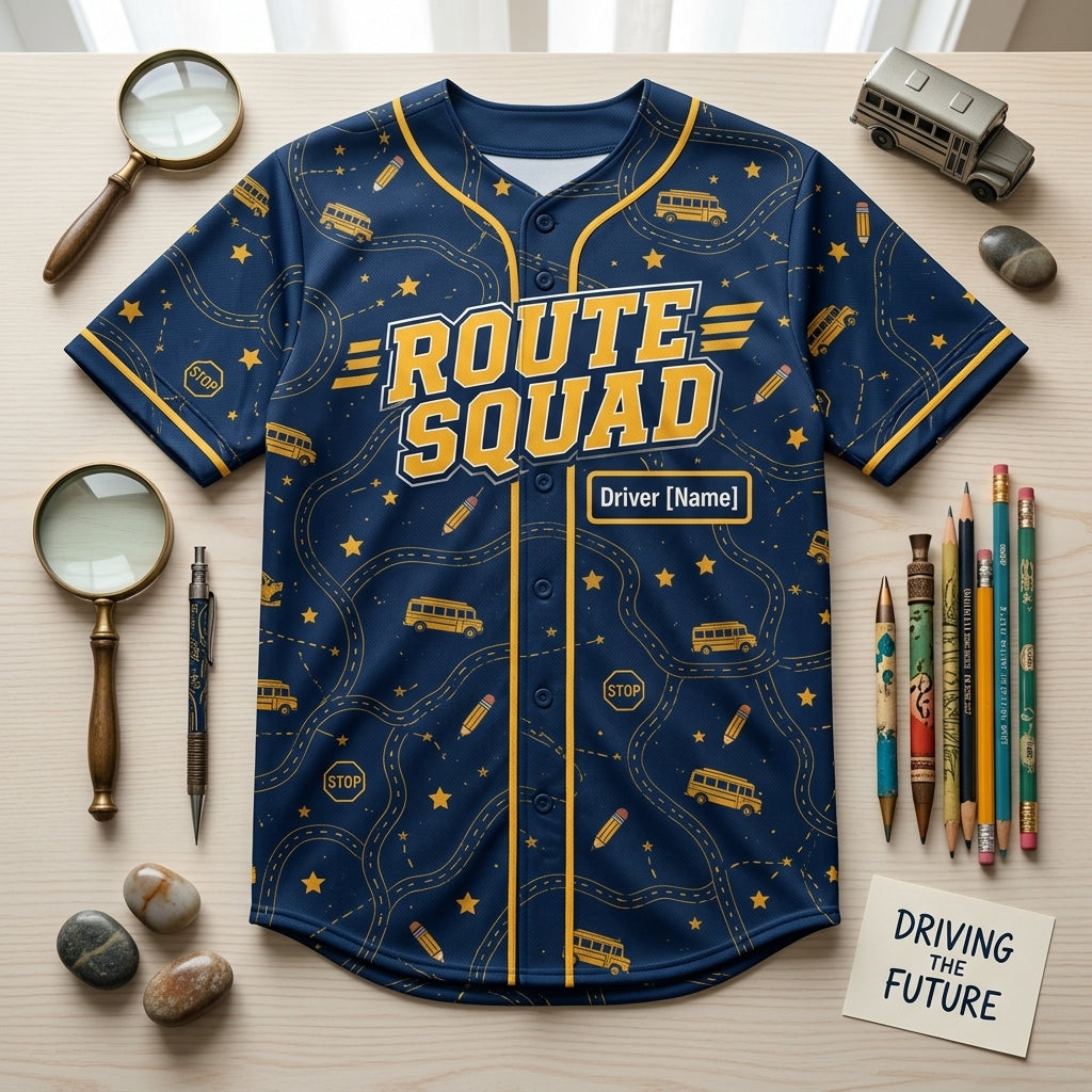 Personalized School Bus Driver Route Squad Baseball Jersey - Custom Name and Number Navy Gold Uniform