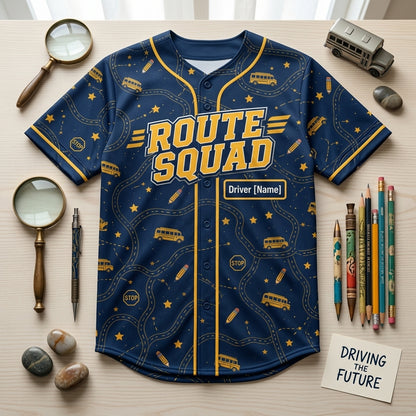 Personalized School Bus Driver Route Squad Baseball Jersey - Custom Name and Number Navy Gold Uniform