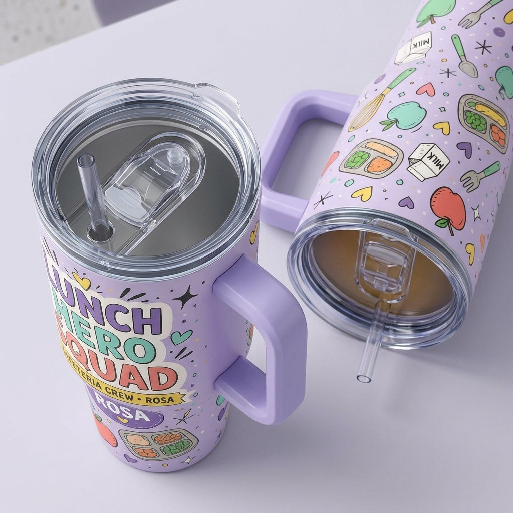 Personalized Lunch Hero Squad 40oz Tumbler with Handle, Custom Name Cafeteria Crew Gift for School Lunch Ladies