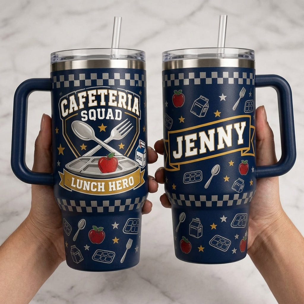 Personalized Cafeteria Squad Lunch Hero 40oz Tumbler with Handle - Custom Name School Staff Gift product view 4
