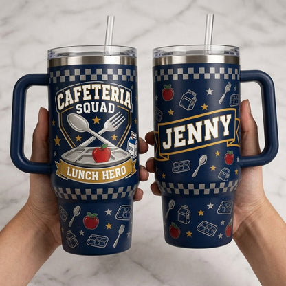 Personalized Cafeteria Squad Lunch Hero 40oz Tumbler with Handle - Custom Name School Staff Gift product view 4