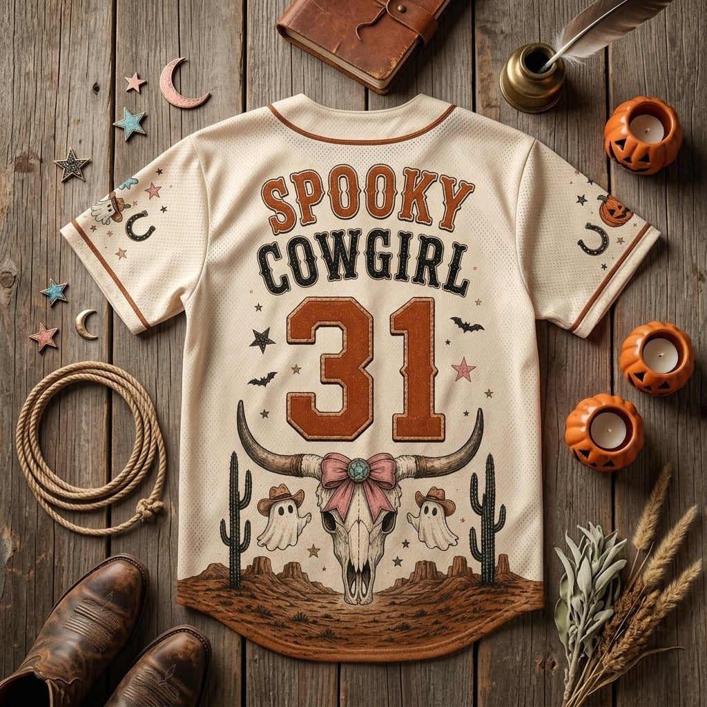 Personalized Spooky Cowgirl Ghost Rodeo Club Baseball Jersey - Custom Name & Number Halloween Western Outfit product view 5