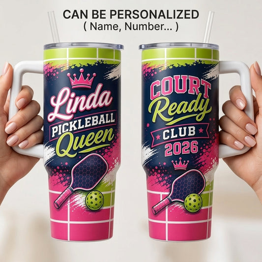Personalized Pickleball Queen 40oz Tumbler with Handle - Custom Name Court Ready Club Stainless Steel Mug