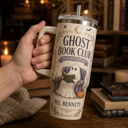 Personalized Ghost Book Club 40oz Tumbler with Handle - Custom Name Gift for Book Lovers and Teachers