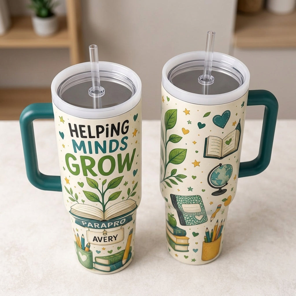 Personalized Parapro Teacher Gift 40oz Tumbler with Handle - Helping Minds Grow Custom Name Education Assistant Cup