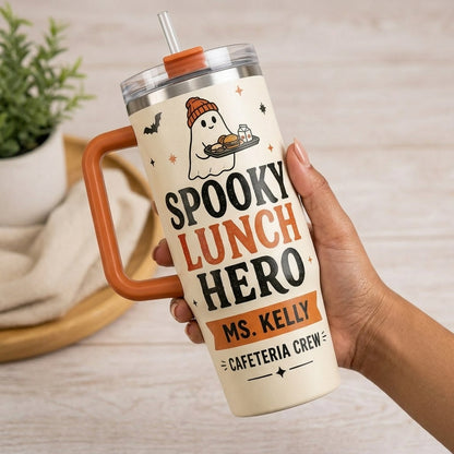 Personalized Spooky Lunch Hero 40oz Tumbler with Handle - Custom Cafeteria Crew Halloween Gift