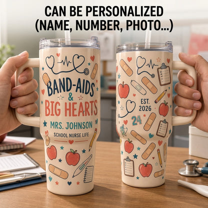 Personalized Band-Aids & Big Hearts School Nurse 40oz Tumbler with Handle - Custom Name Gift