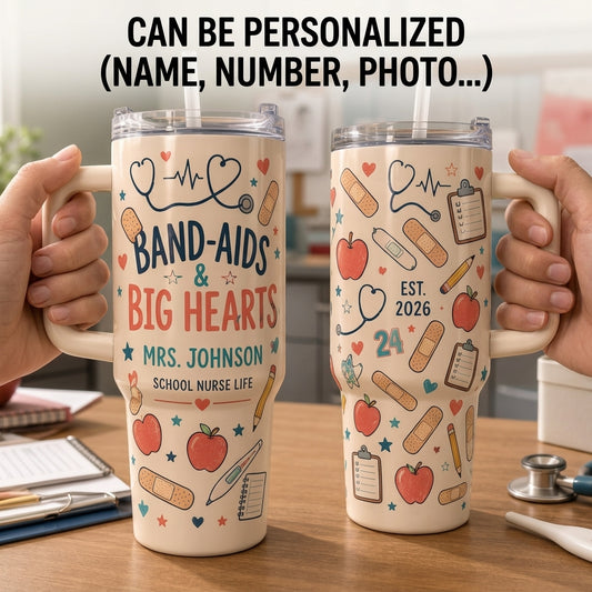 Personalized Band-Aids & Big Hearts School Nurse 40oz Tumbler with Handle - Custom Name Gift