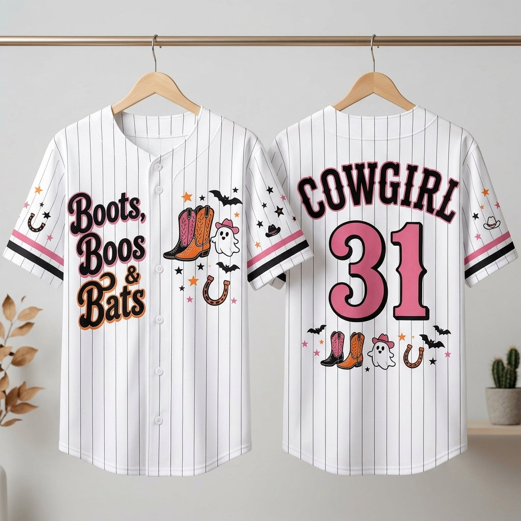 Personalized Boots Boos & Bats Halloween Baseball Jersey - Custom Cowgirl Ghost Western Baseball Shirt