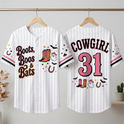 Personalized Boots Boos & Bats Halloween Baseball Jersey - Custom Cowgirl Ghost Western Baseball Shirt