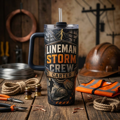 Personalized Lineman Storm Crew 40oz Tumbler with Handle, Custom Powerline Worker Gift