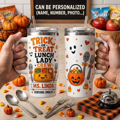 Personalized Trick or Treat Lunch Lady Crew 40oz Tumbler with Handle, Custom School Cafeteria Halloween Gift