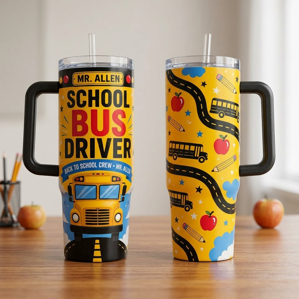 Personalized School Bus Driver 40oz Tumbler with Handle, Custom Name Back to School Gift for Drivers