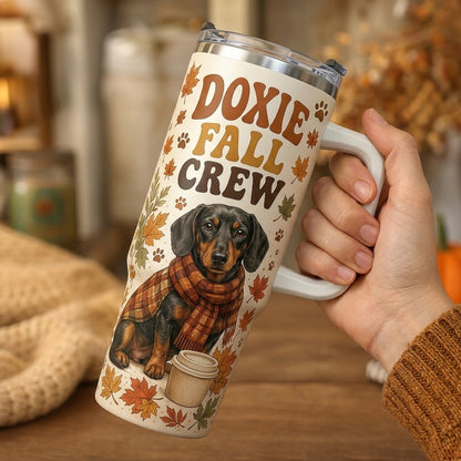 Doxie Fall Crew 40oz Tumbler with Handle, Pumpkin Spice Dachshund Autumn Travel Mug, Gift for Dog Lovers