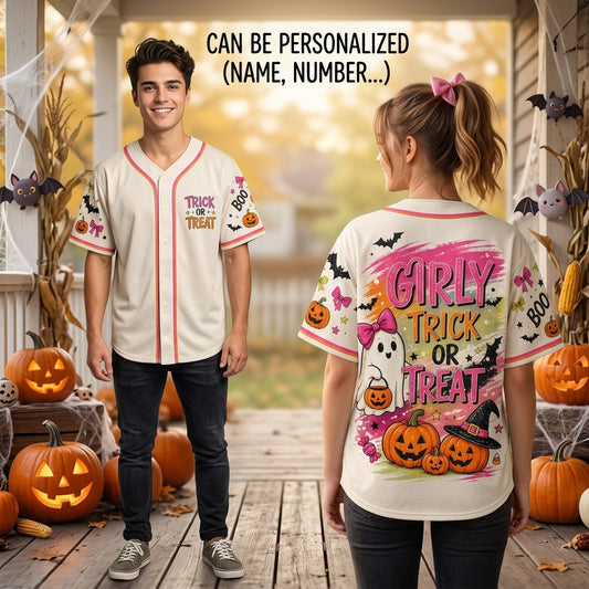 Girly Trick or Treat Halloween Baseball Jersey - Personalized Pink Ghost & Pumpkin Graphic Sport Shirt
