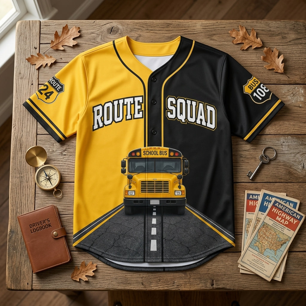 Personalized School Bus Driver Baseball Jersey - Custom Name & Route Number Route Squad Gift
