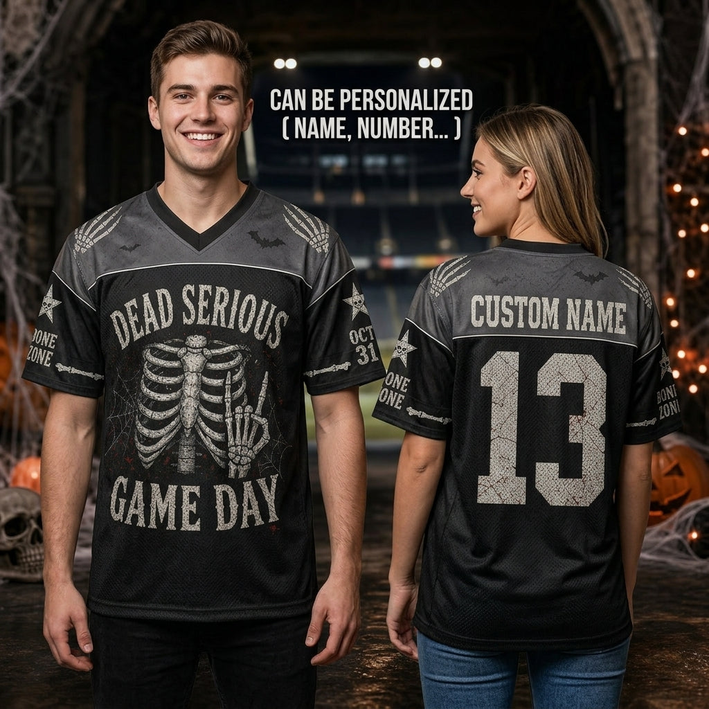 Personalized Dead Serious Game Day Halloween Football Jersey - Custom Name & Number Skeleton Mesh Jersey