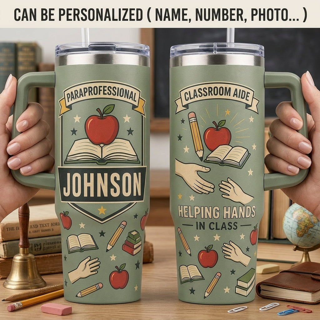 Personalized Paraprofessional & Classroom Aide 40oz Tumbler with Handle - Custom Name Teacher Assistant Gift