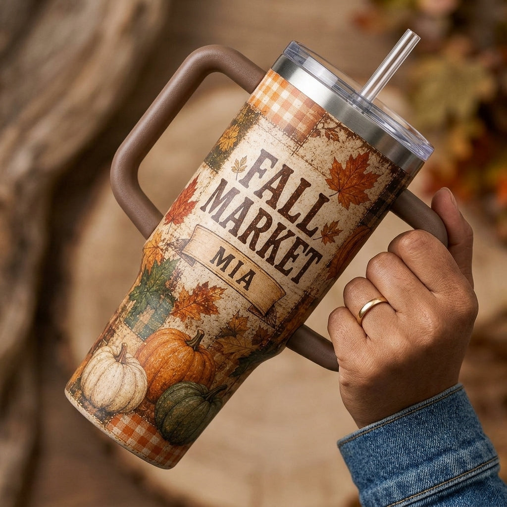 Personalized Fall Market 40oz Tumbler with Handle - Custom Name Autumn Leaves Pumpkin Patchwork Travel Mug