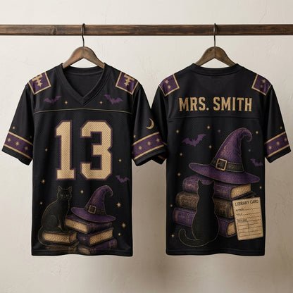 Personalized Witchy Librarian Halloween Football Jersey - Custom Name Spooky Bookworm Apparel