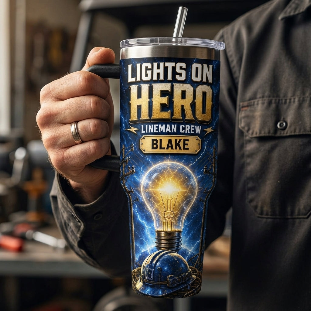 Personalized Lineman Hero 40oz Tumbler with Handle - Custom Name Gift for Electrician & Utility Crew