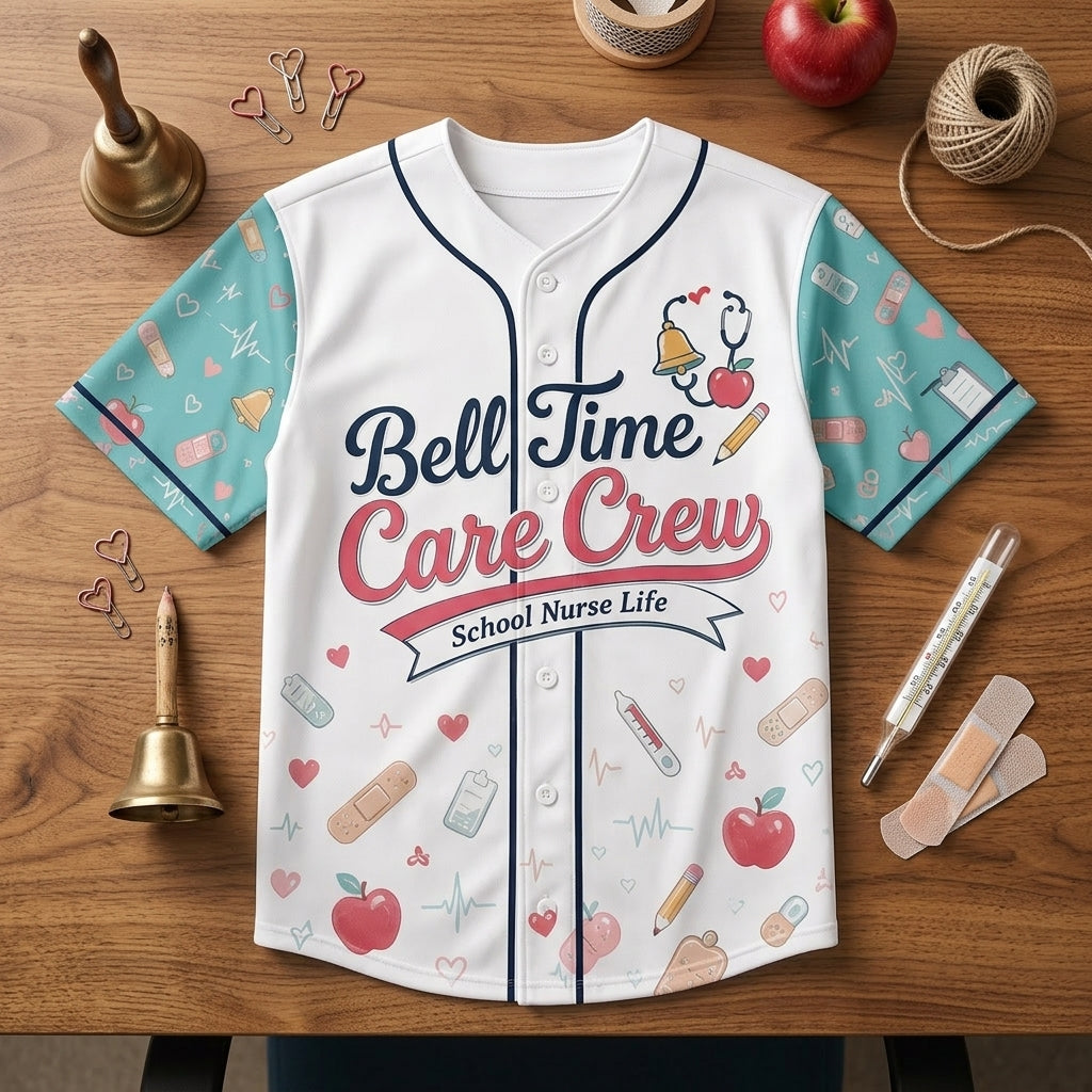 Personalized School Nurse Baseball Jersey - Custom Name Bell Time Care Crew Shirt