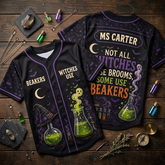 Personalized Science Teacher Baseball Jersey - Not All Witches Use Brooms Some Use Beakers Custom Gift