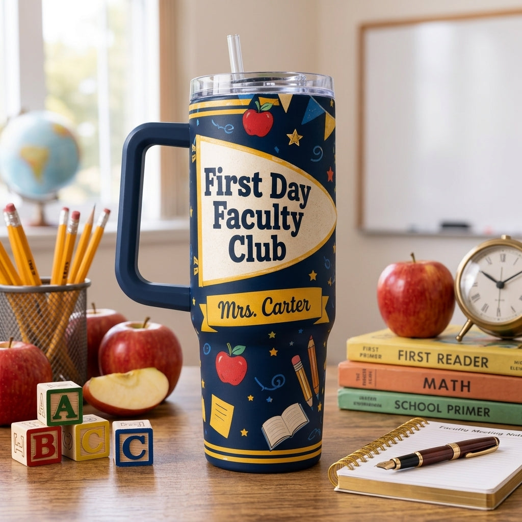 Personalized First Day Faculty Club 40oz Tumbler with Handle - Custom Name Teacher Appreciation Gift