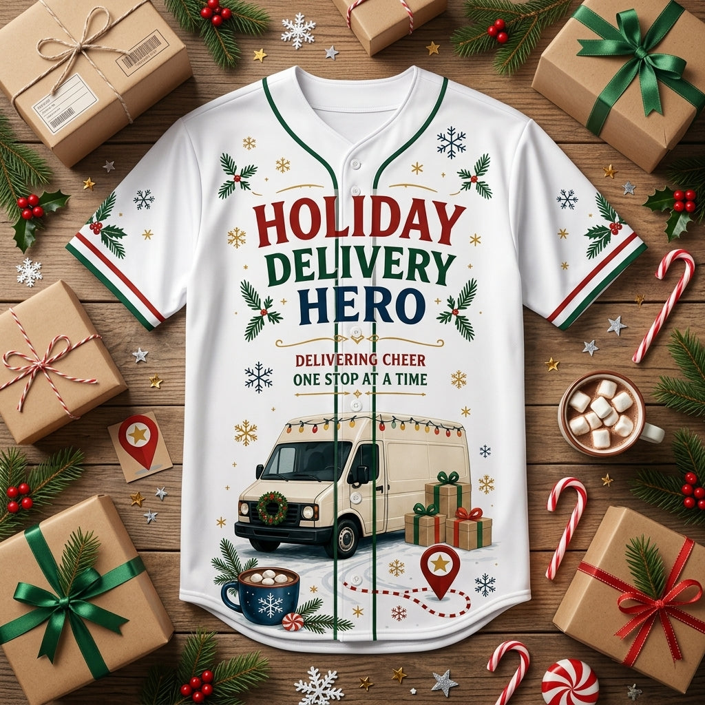 Personalized Holiday Delivery Hero Baseball Jersey - Custom Name Christmas Delivery Driver Uniform