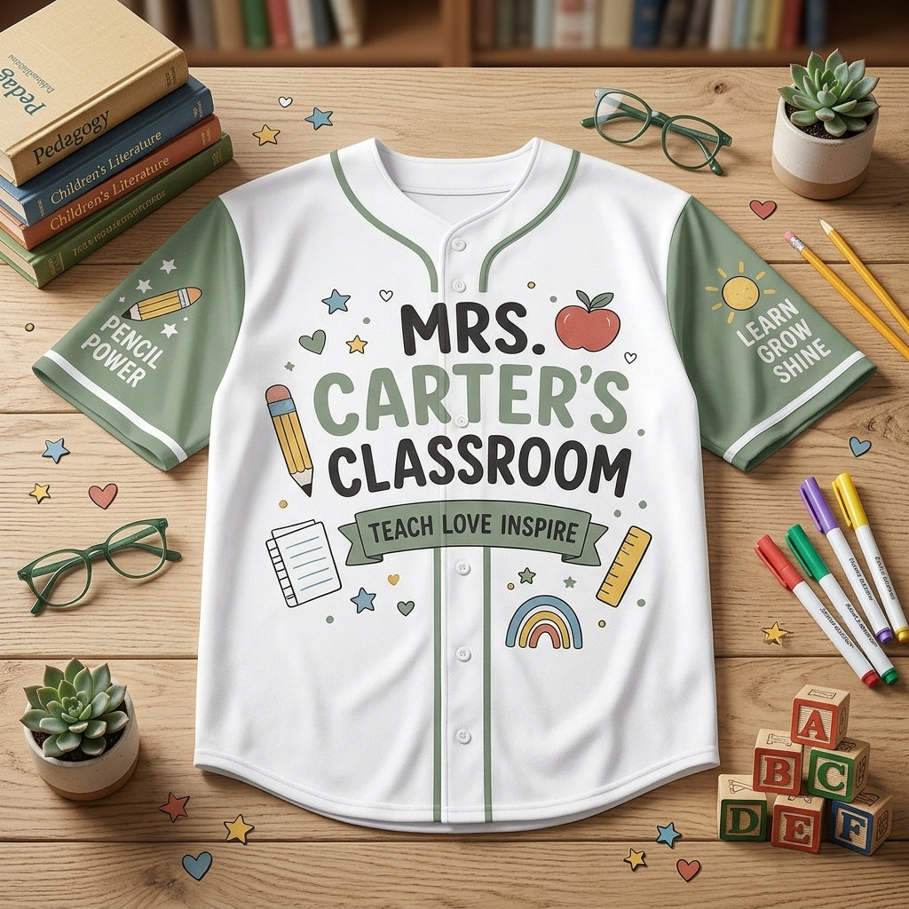 Personalized Teacher Baseball Jersey - Custom Name Classroom Crew Shirt - Sage Green Teacher Appreciation Gift