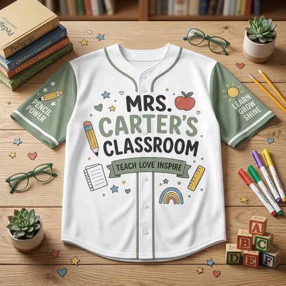 Personalized Teacher Baseball Jersey - Custom Name Classroom Crew Shirt - Sage Green Teacher Appreciation Gift