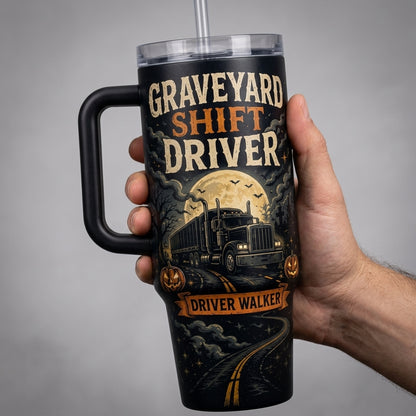 Personalized Graveyard Shift Driver 40oz Tumbler with Handle, Halloween Long Haul Trucker Gift, Custom Name Travel Mug
