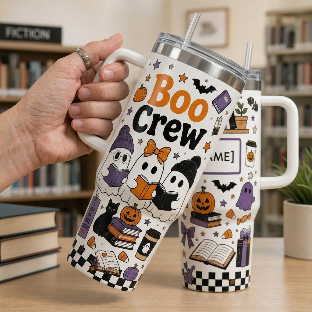 Personalized Boo Crew Book Lover Halloween 40oz Tumbler with Handle - Custom Name Ghost Reading Travel Mug