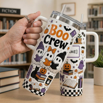 Personalized Boo Crew Book Lover Halloween 40oz Tumbler with Handle - Custom Name Ghost Reading Travel Mug