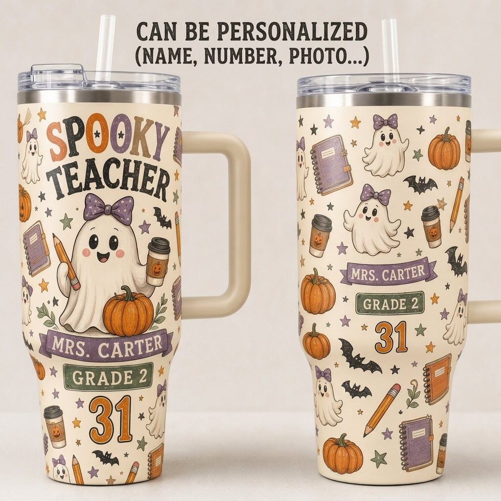 Personalized Spooky Teacher Halloween 40oz Tumbler with Handle - Custom Name and Grade Gift
