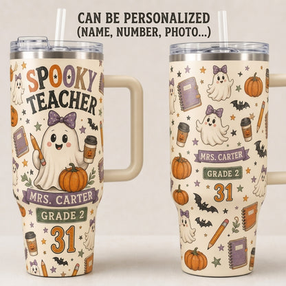 Personalized Spooky Teacher Halloween 40oz Tumbler with Handle - Custom Name and Grade Gift
