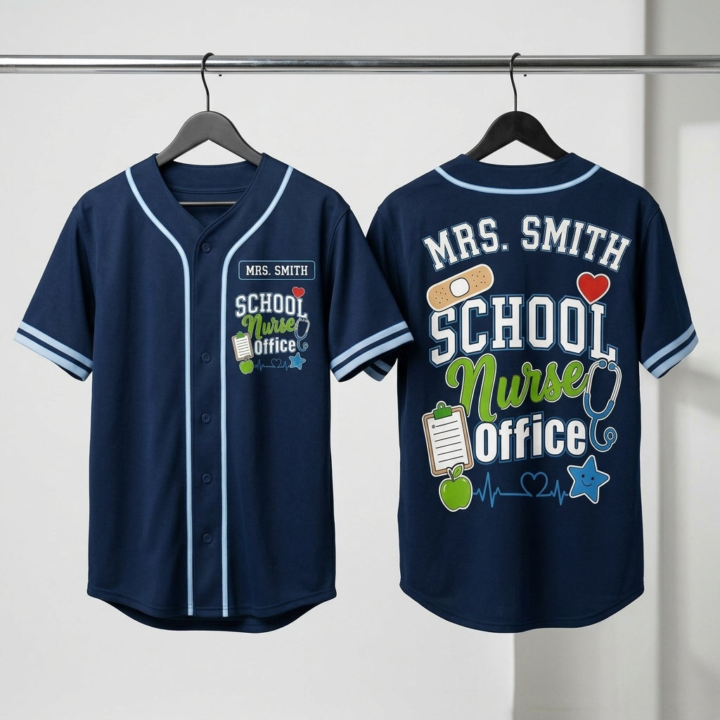 Personalized School Nurse Baseball Jersey - Custom Name Navy Blue Athletic Shirt for School Health Staff - baseball jersey product view 2