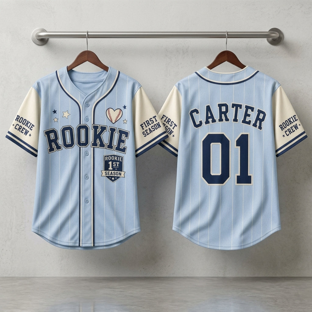 Personalized Rookie First Season Baseball Jersey - Custom Name & Number Light Blue Pinstripe Kids Shirt