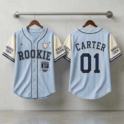 Personalized Rookie First Season Baseball Jersey - Custom Name & Number Light Blue Pinstripe Kids Shirt