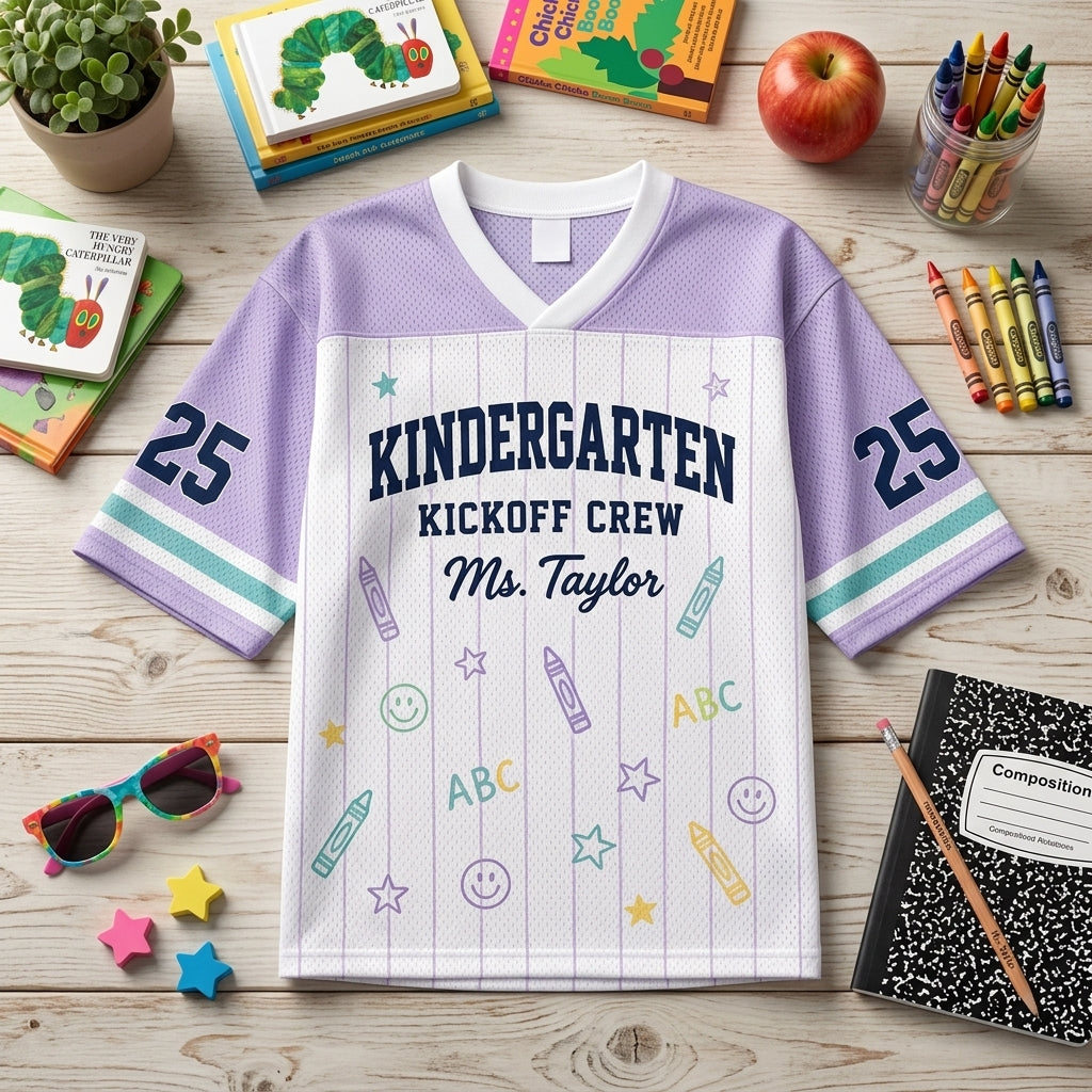 Personalized Kindergarten Kickoff Crew Football Jersey - Custom Teacher Name & Number Mesh Shirt