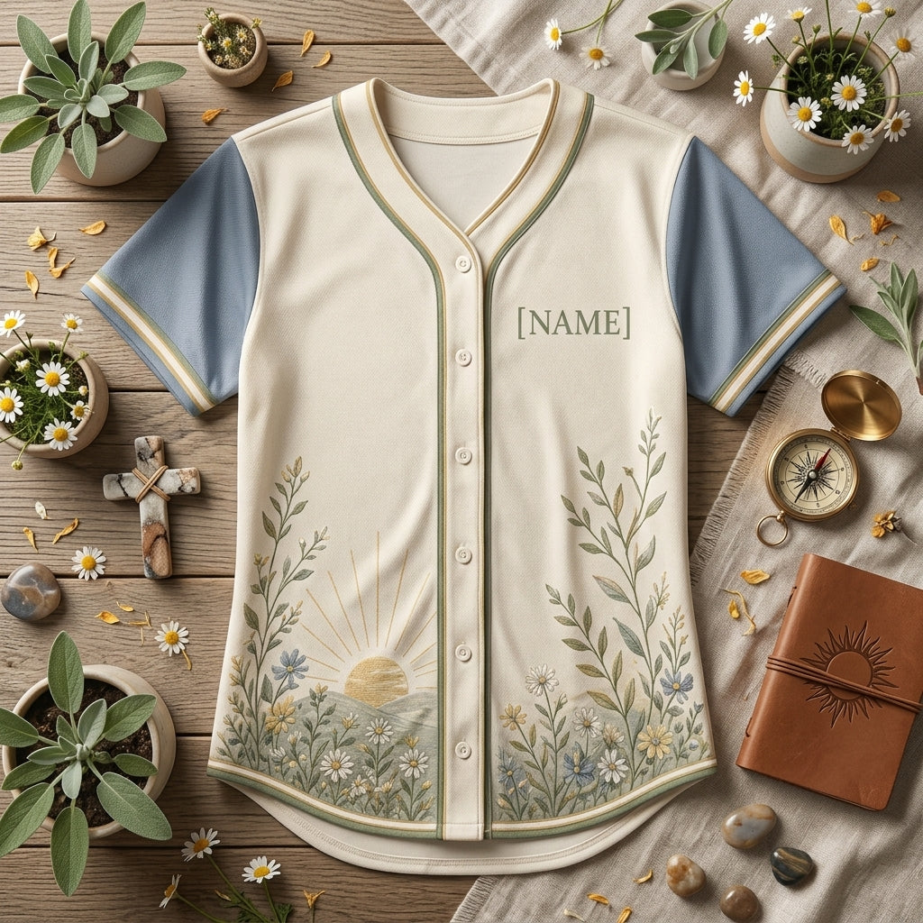 Personalized Wildflower & Sunrise Faith Baseball Jersey - Custom Name Nature Inspired Christian Button-Up Shirt