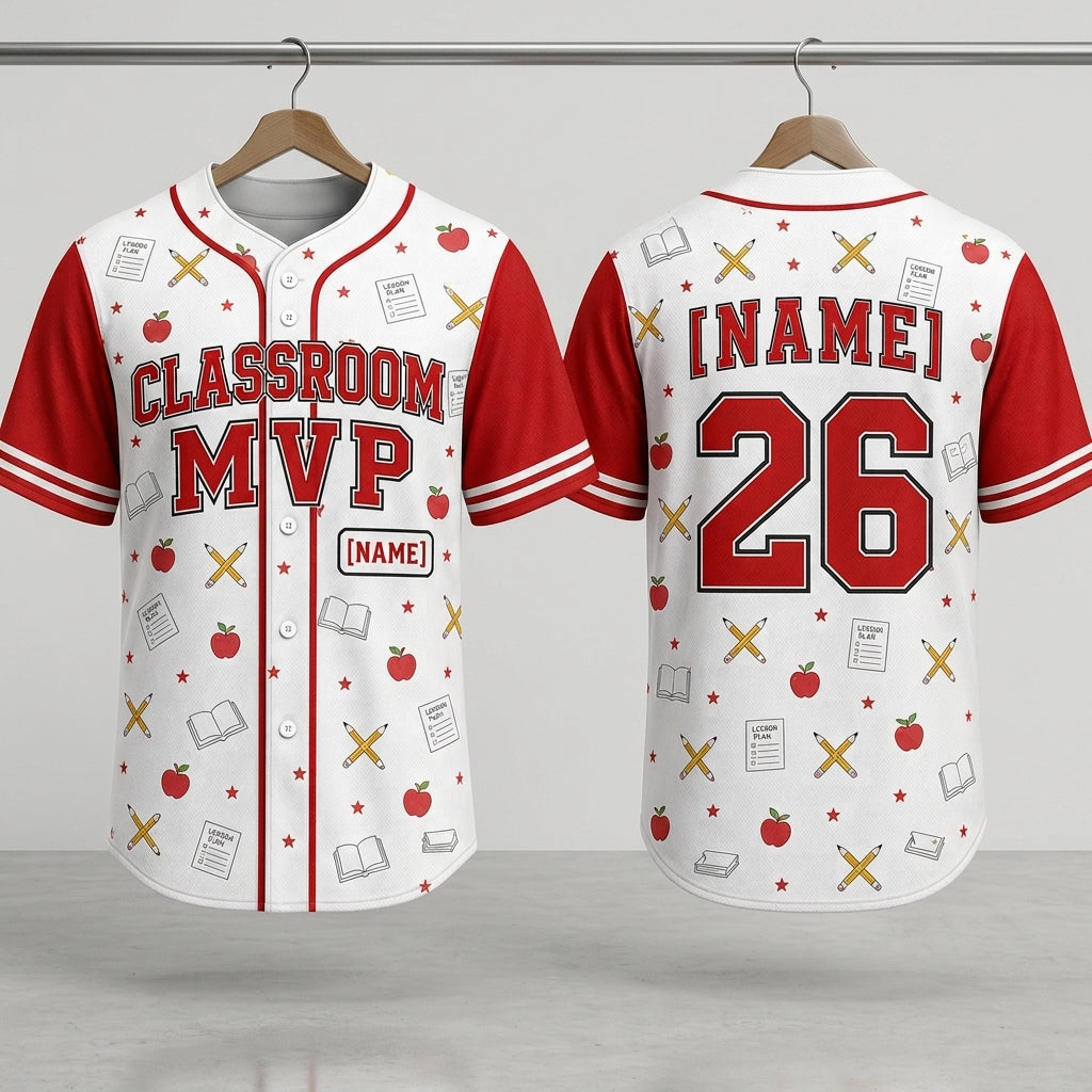 Personalized Classroom MVP Teacher Baseball Jersey - Custom Name and Number School Spirit Shirt