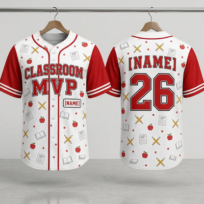Personalized Classroom MVP Teacher Baseball Jersey - Custom Name and Number School Spirit Shirt