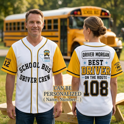 Personalized School Bus Driver Crew Baseball Jersey - Custom Name & Route Number Gift - Yellow & White Athletic Jersey