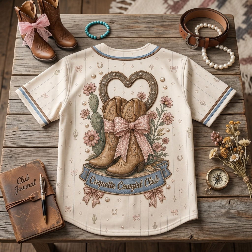Personalized Coquette Cowgirl Club Baseball Jersey - Custom Name Western Aesthetic Cowgirl Boots & Bows