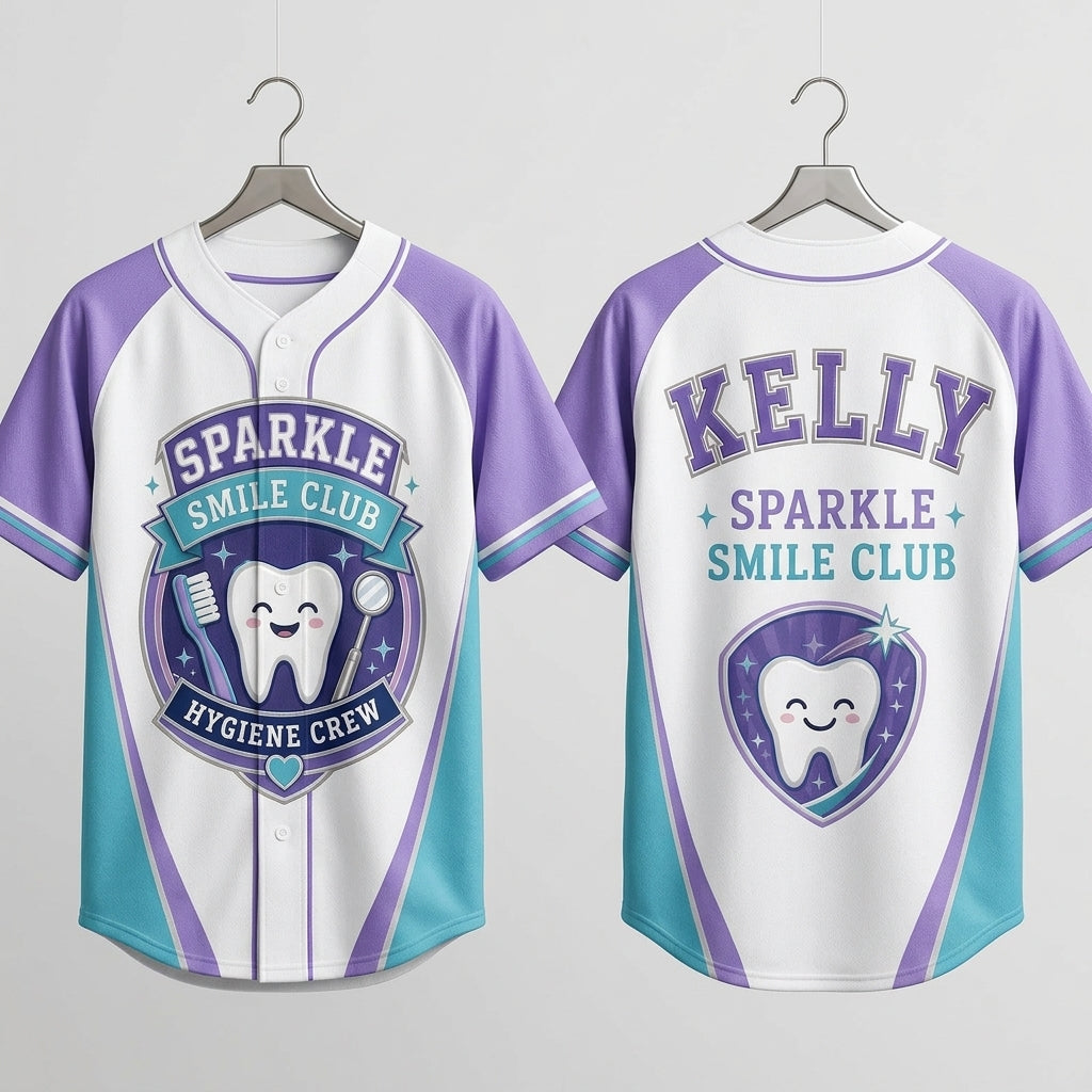 Personalized Dental Hygienist Baseball Jersey - Custom Name Sparkle Smile Club Hygiene Crew Sporty Shirt