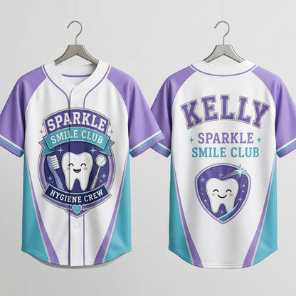 Personalized Dental Hygienist Baseball Jersey - Custom Name Sparkle Smile Club Hygiene Crew Sporty Shirt