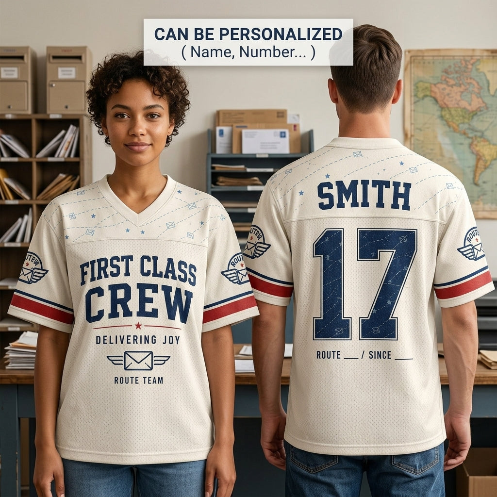 Personalized First Class Crew Postal Worker Football Jersey - Custom Name and Route Mail Carrier Gift